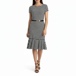 Lauren‎ Ralph Lauren Striped Flounce Hem Belted Midi Dress Black White M